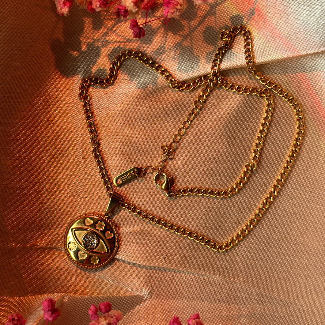 Golden Glimmer Eye Pendant Necklace